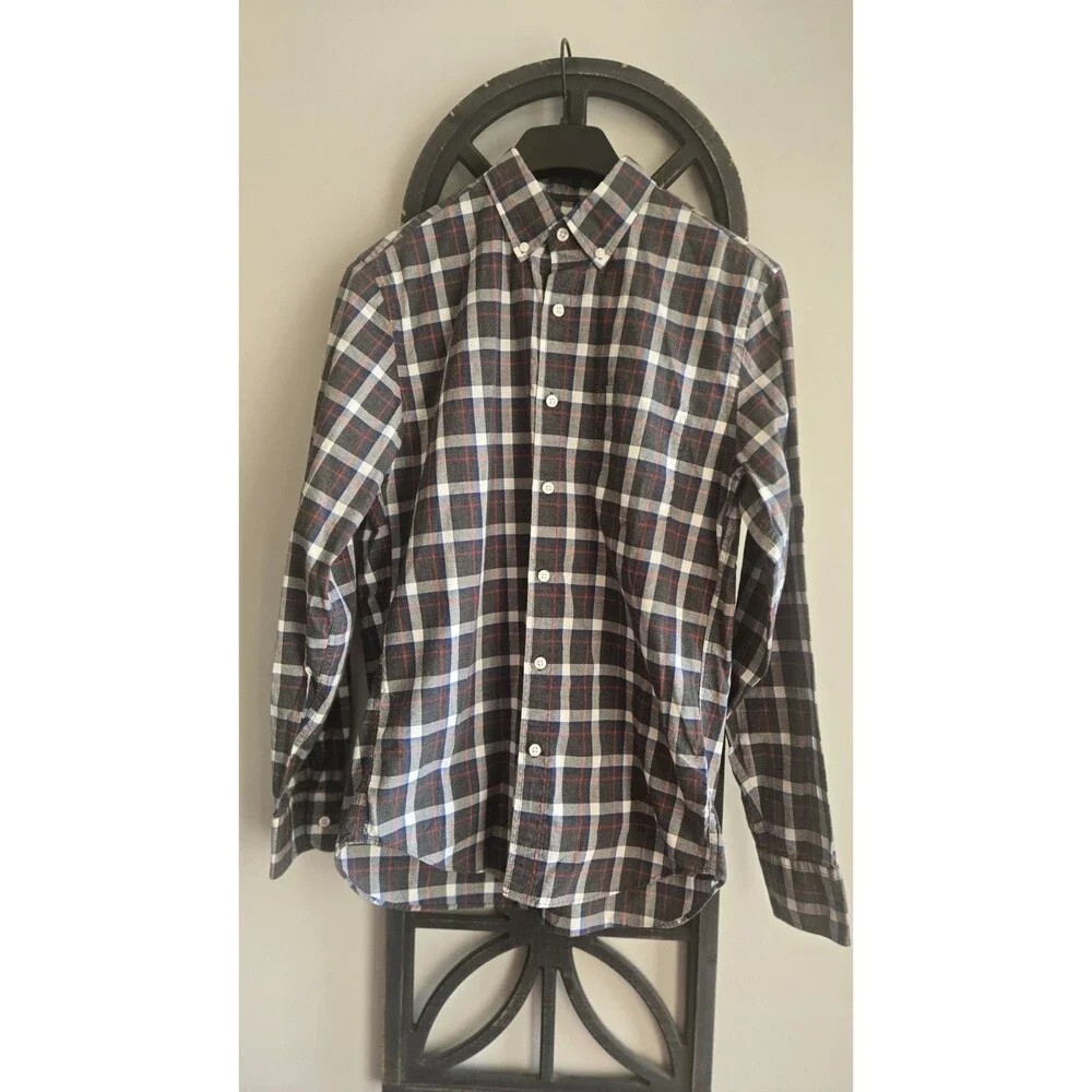 J.Crew Heathered Cotton Men’s Small Plaid Button-Down Shirt Gray Blue Red